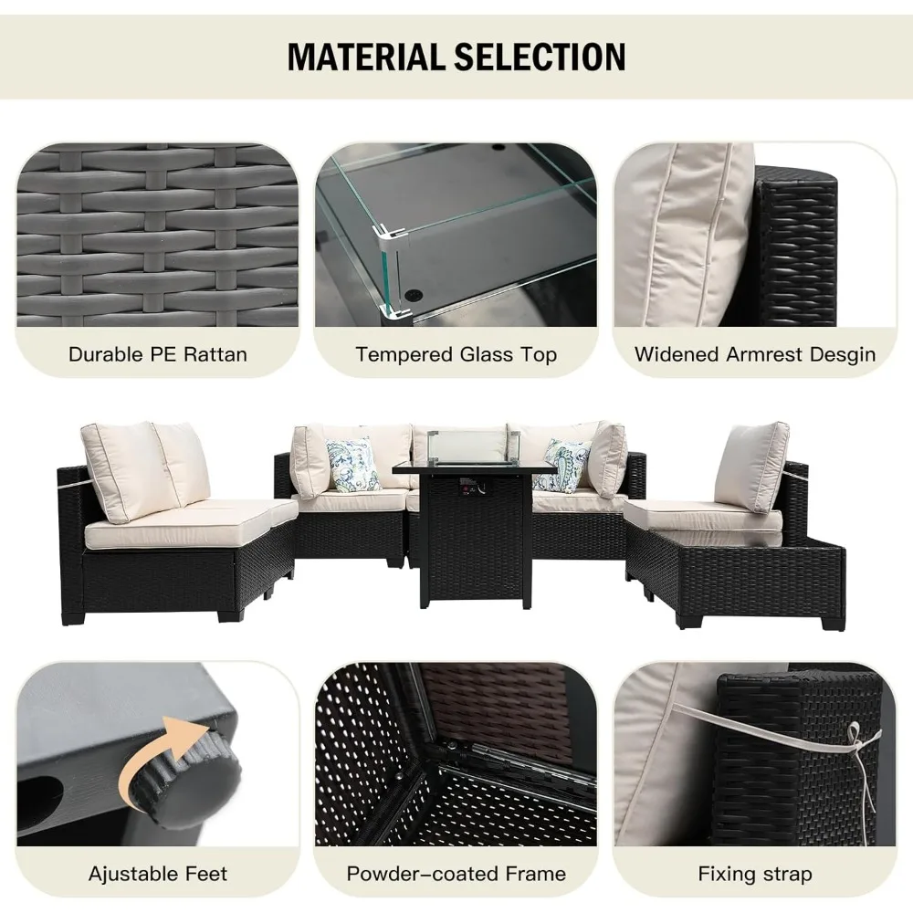 Outdoor Furniture Set With Fire Pit - 8 Parça Veranda Mobilyası Rattan Hasır