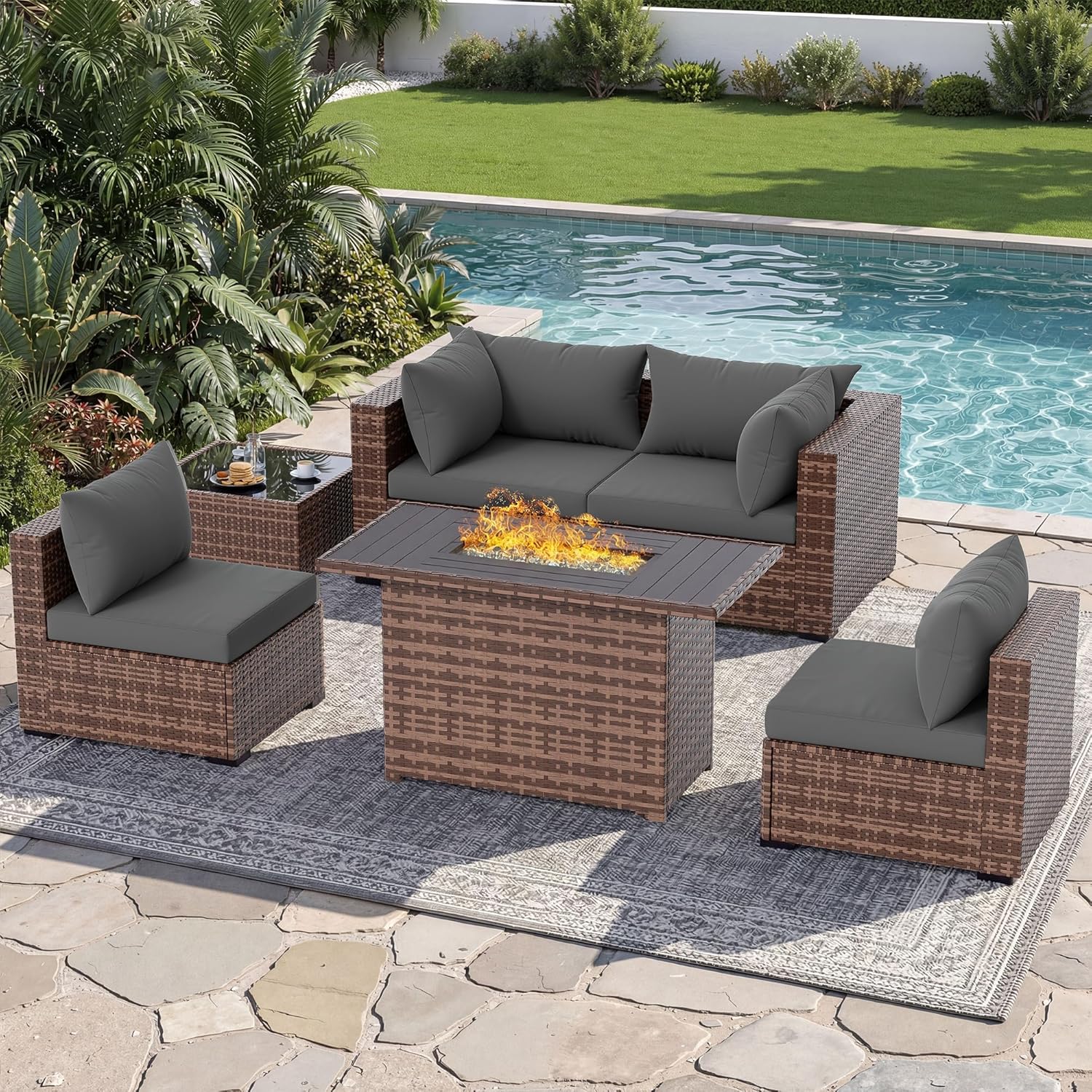 Outdoor Furniture Set With Fire Pit - 5 Parçalı Açık Hava Köşe Koltuk