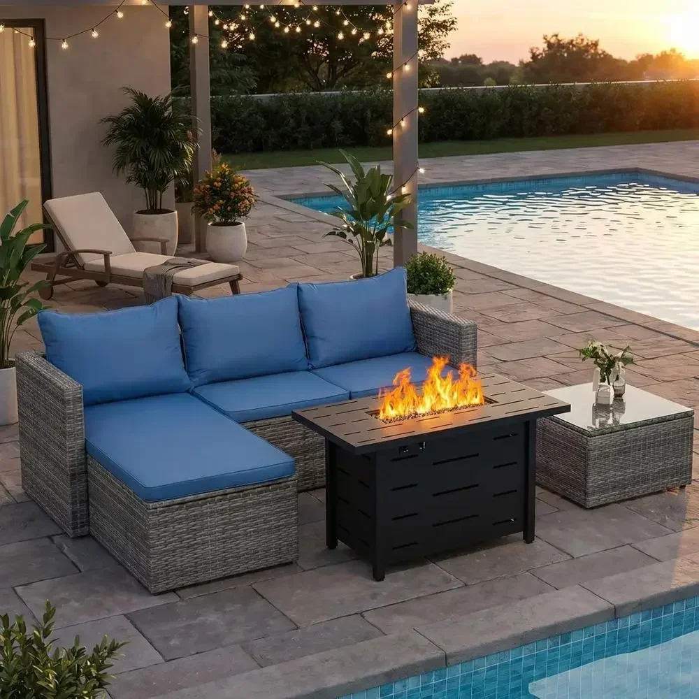 Outdoor Furniture Set With Fire Pit - 4 Parçalı Açık Hava Hasır Bahçe